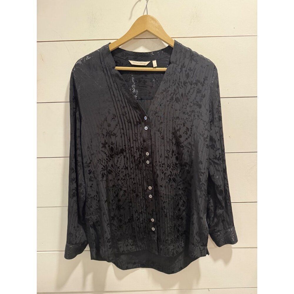 Soft Surroundings Sistine Floral Embroidery Jacquard Pintuck Shirt Black Small - Picture 1 of 8